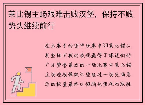 莱比锡主场艰难击败汉堡，保持不败势头继续前行