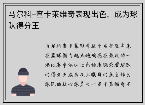 马尔科-查卡莱维奇表现出色，成为球队得分王